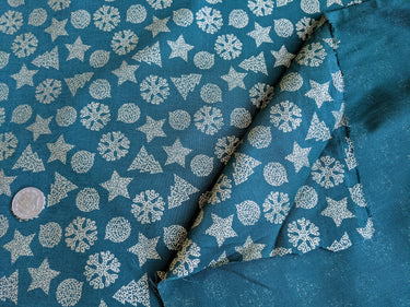 Bottle Green And Gold Cotton Fabric Christmas Snowflakes Xmas Tree Star Fabric, Festive Fabric, Holiday Fabric
